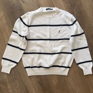 VTG Nautica White Crewneck Sweater with Navy Stripe Detail